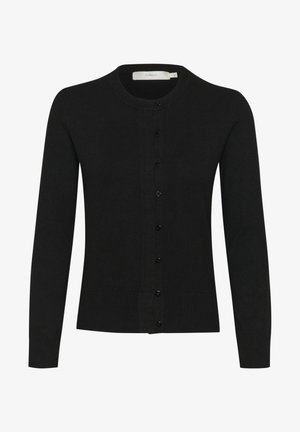 Cardigan nero realizzato in morbido materiale, caratterizzato da un collo rotondo, maniche lunghe e chiusura con bottoni frontalmente. Texture liscia, design aderente.