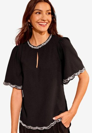 REGULAR FIT - SEQUIN TRIM CREW NECK  - Blúz - black