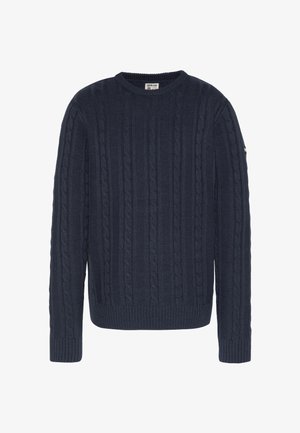 Marineblauer Strickpullover mit Rundhalsausschnitt, gerippten Bündchen und Saum. Verfügt über ein durchgehend strukturiertes Muster für ein klassisches Design.