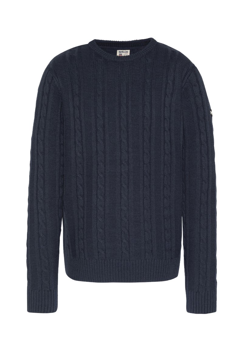 Granatowy sweter z dzianiny w splot kablowy, z okrągłym dekoltem, ściągaczami przy rękawach i na dole. Całość ozdobiona teksturowanym wzorem, nadającym klasyczny wygląd.