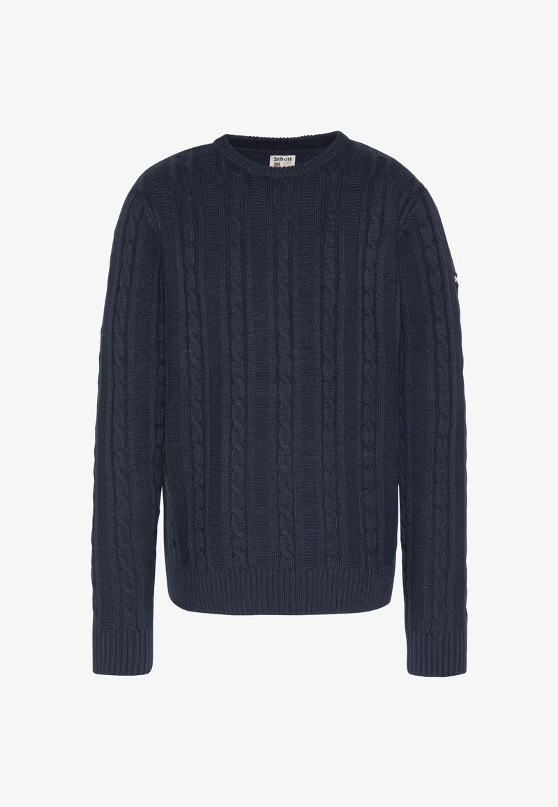 Granatowy sweter z dzianiny w splot kablowy, z okrągłym dekoltem, ściągaczami przy rękawach i na dole. Całość ozdobiona teksturowanym wzorem, nadającym klasyczny wygląd.