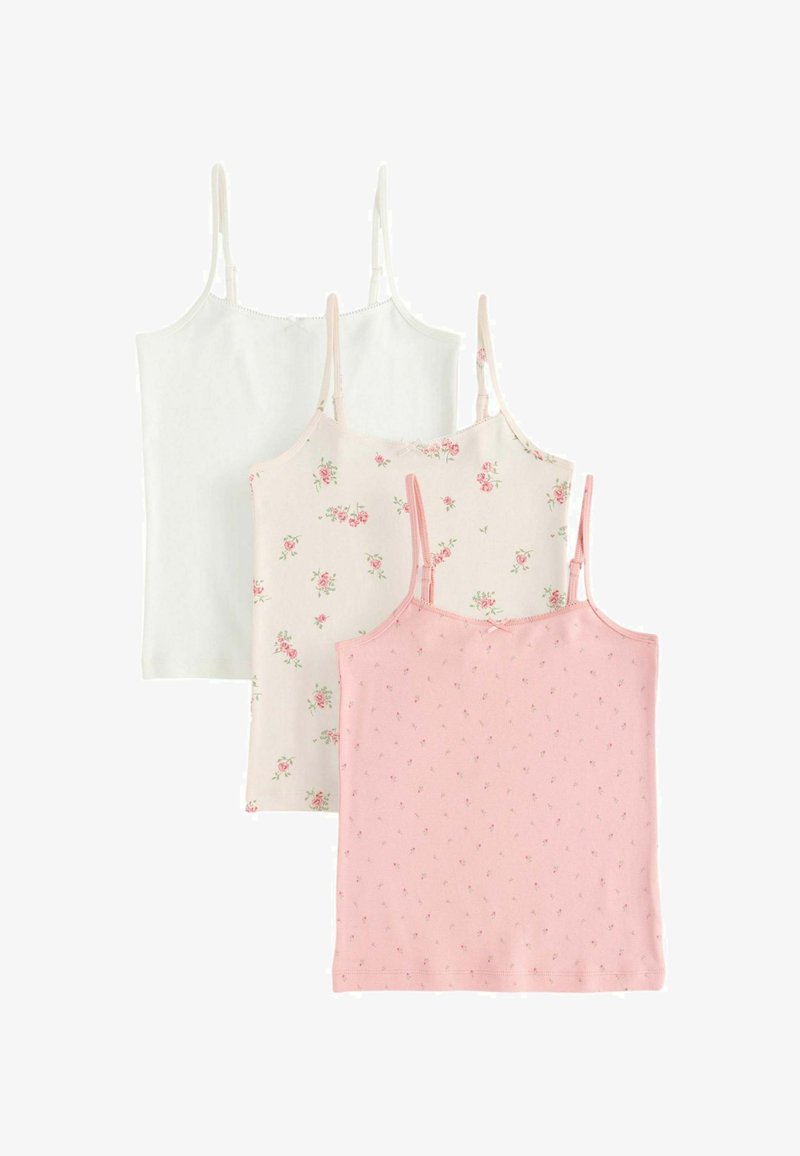 Trois camisoles sans manches pour filles en blanc, crème avec imprimé floral rose et rose avec petit motif floral, disposées verticalement.