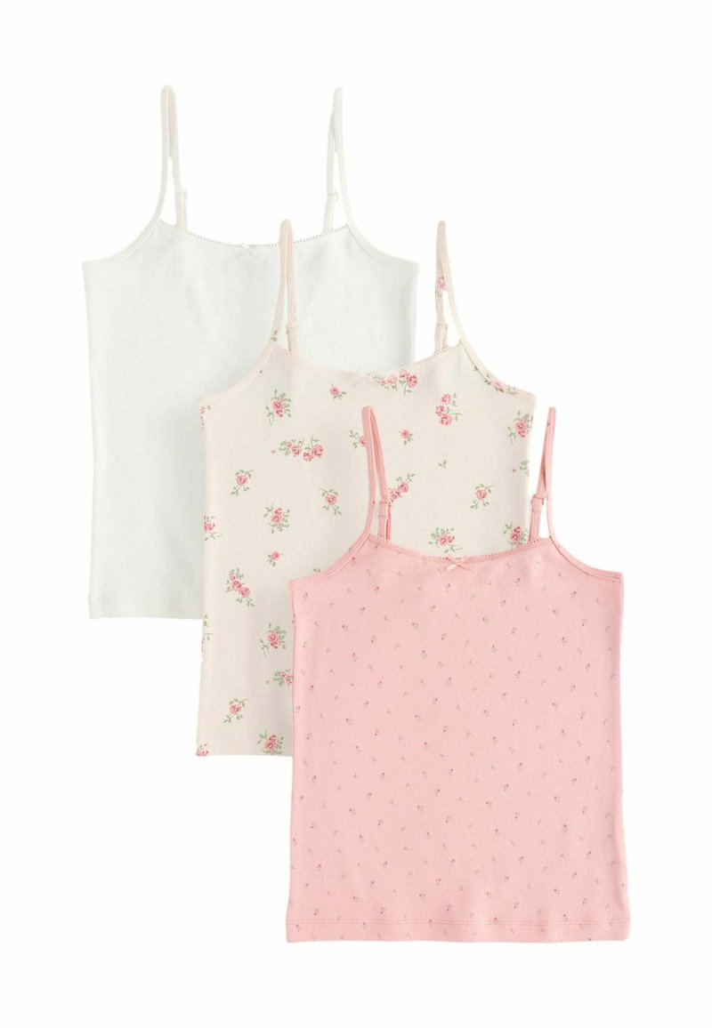 Set of three camisoles: white, pink with floral pattern, and light pink with small dots. Each has thin adjustable straps and a soft texture.