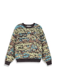 Maglione girocollo con motivo mimetico digitale pixelato in beige, marrone, blu e nero, con polsini e orlo a costine.