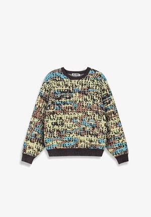 Crewneck-Pullover mit pixeliertem digitalen Camouflage-Muster in Beige, Braun, Blau und Schwarz, mit gerippten Bündchen und Saum.
