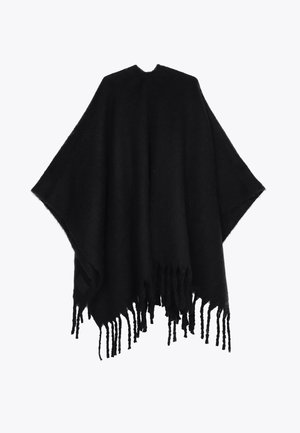 Zwarte wollen poncho met een ronde halslijn, voorzien van textuurstof en lange franjes aan de randen voor extra detail en beweging.