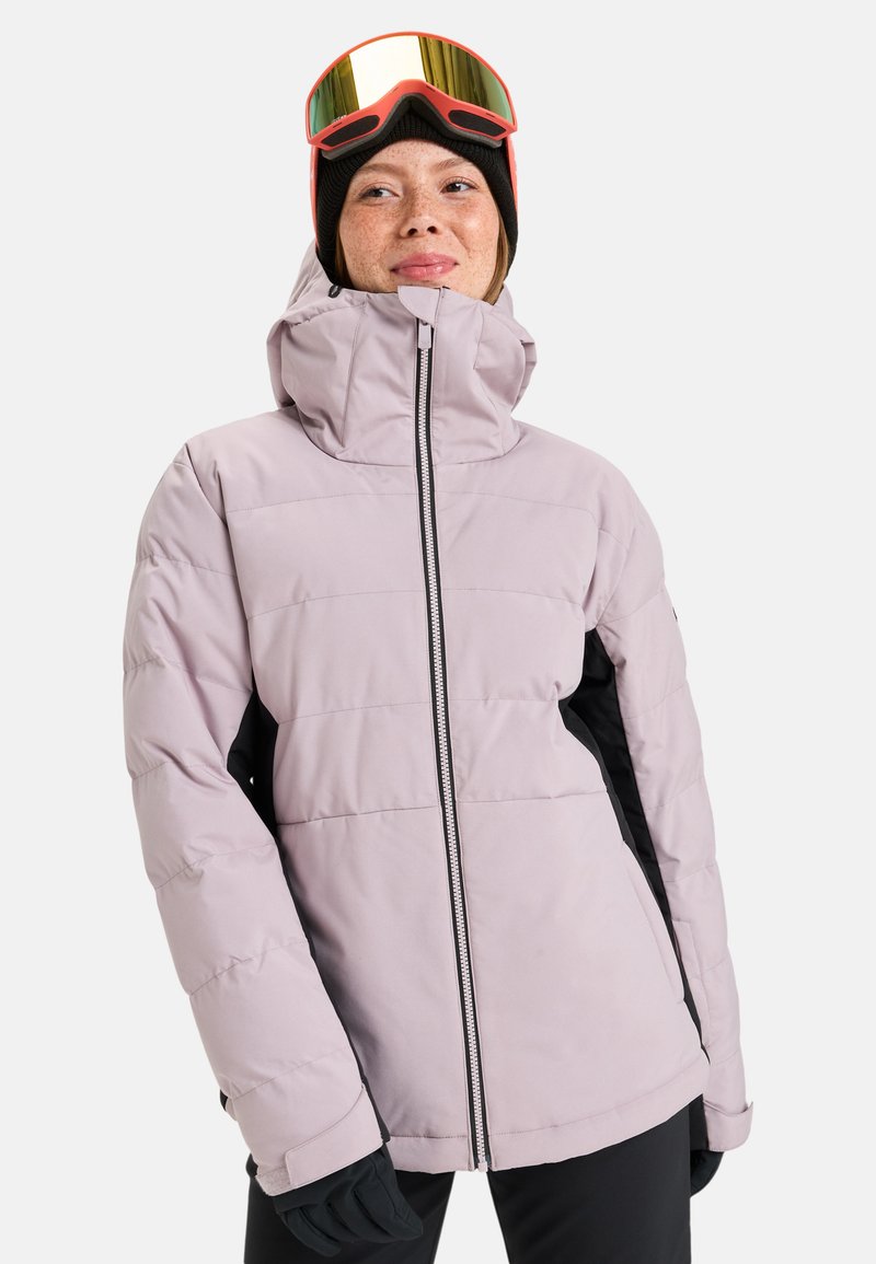 Light lavender puffer jacket with a fitted hood, zip closure, and black accents. Features quilted texture and long sleeves.