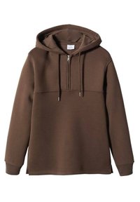 Felpa marrone con cappuccio e colletto con zip, caratterizzata da un design semplice, maniche lunghe e una vestibilità rilassata. Realizzata in un morbido tessuto testurizzato.