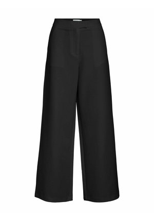 Pantalon noir à jambes larges, taille haute et devant épuré, conçu avec une fermeture dissimulée sur un fond blanc.