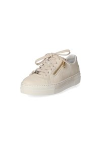 Beige leather sneaker with textured design, lace-up closure, gold zipper detail, and rubber sole. Features a low-profile shape and smooth finish.