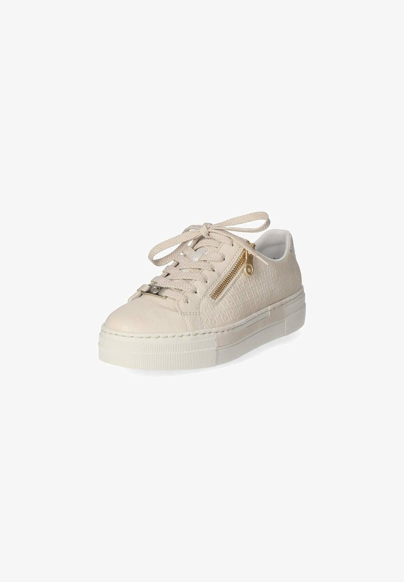 Beige leather sneaker with textured design, lace-up closure, gold zipper detail, and rubber sole. Features a low-profile shape and smooth finish.