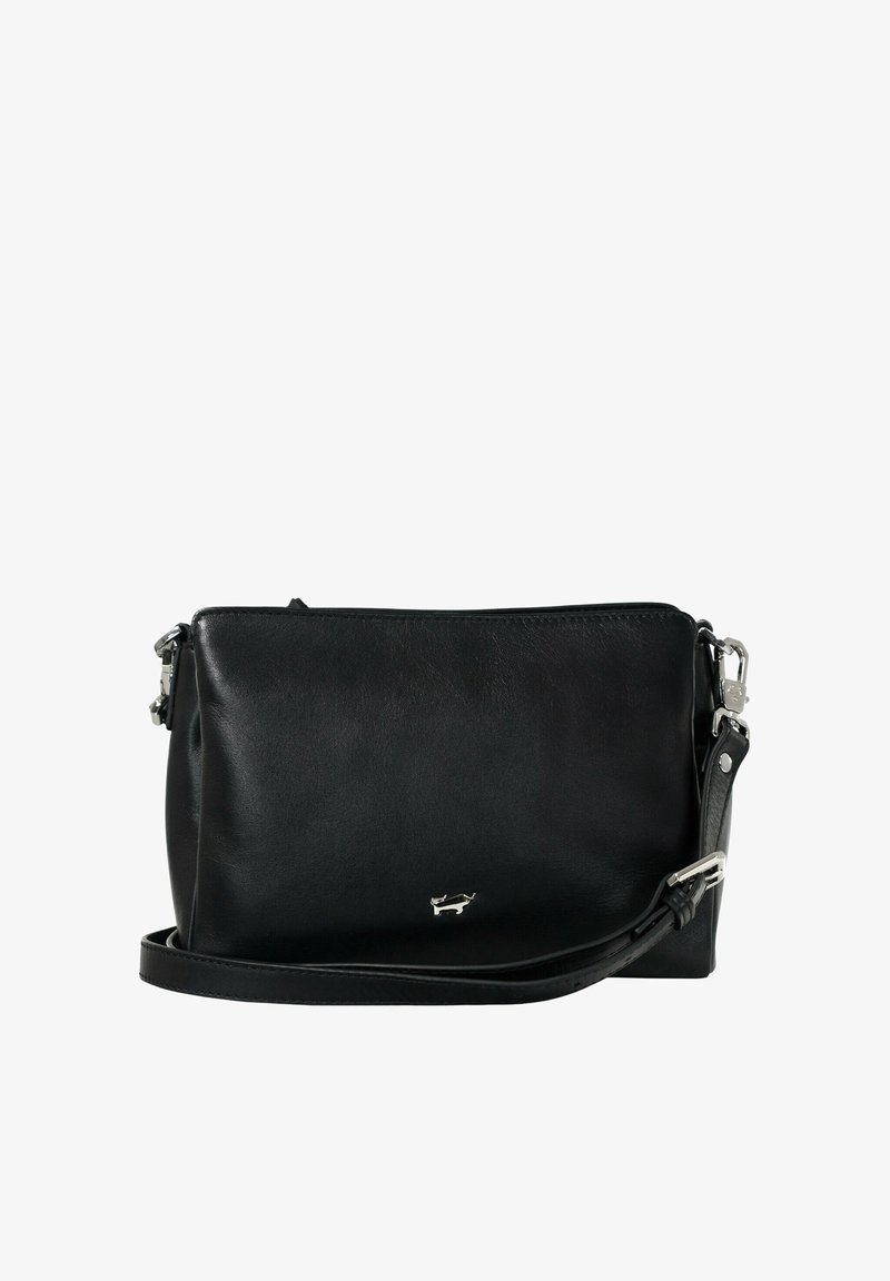 Sac bandoulière en cuir noir avec un emblème de chien en argent, sangle réglable et fermeture zippée sur le dessus, présenté sur un fond blanc.