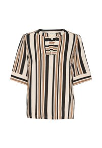 Stribet bluse i creme, brun og sort. Korte ærmer, rund halslinje med en skæring og en afslappet pasform. Glat, let stof.