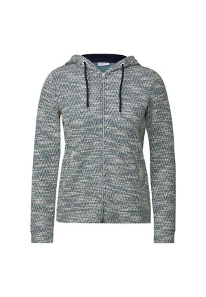 Hooded zip-up jacket featuring a textured, multicolored pattern in shades of green and gray with dark blue accents and drawstrings.