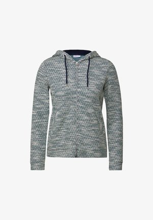 Kapuzenshirt mit Reißverschluss, das ein strukturiertes, mehrfarbiges Muster in Grüntönen und Grautönen mit dunklen blauen Akzenten und Kordelzügen zeigt.