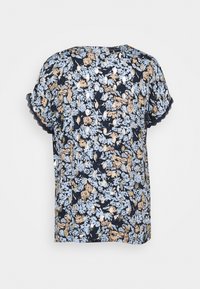 Kwiatowy top w granatowym kolorze, z jasnoniebieskimi i złotymi kwiatami. Krótkie rękawy z falbaniastymi krawędziami. Lekki materiał o teksturowanym wzorze.