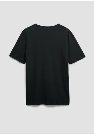 Plain black short-sleeve T-shirt with a round neckline, shown from the back on a neutral gray background.