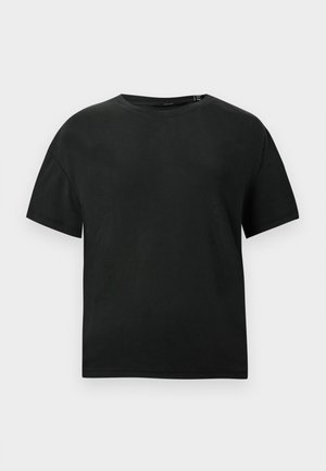 Black cotton T-shirt featuring a round neckline, short sleeves, and a relaxed fit. Smooth texture with no visible patterns or embellishments.
