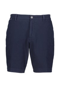 Marinblå shorts i texturerat tyg, med knappstängning, bälteshem, och två sidfickor, med rak bendesign.