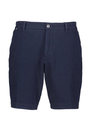 Granatowe szorty wykonane z teksturowanej tkaniny, z zapięciem na guzik, szlufkami na pasek oraz dwiema bocznymi kieszeniami, o prostym kroju nogawki.