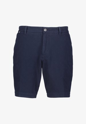 Navy blue shorts made of textured fabric, featuring a button closure, belt loops, and two side pockets, with a straight leg design.