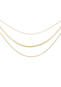 Tre collane d'oro con texture diverse: una a catena piatta e liscia, e una con un intricato design a rete, tutte appese su uno sfondo bianco.