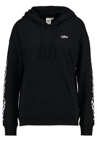 Sudadera con capucha negra hecha de algodón. Cuenta con un bolsillo frontal, patrones de tablero de ajedrez blancos en las mangas y un logo en el pecho.