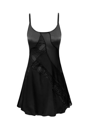 Abito in satin nero con spalline regolabili, caratterizzato da un pannello in pizzo trasparente con motivi ondulati sulla parte anteriore e orlo svasato.