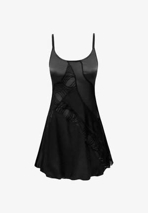 Zwarte satijnen jurk met verstelbare bandjes, voorzien van een sheer kantpaneel met golvende patronen aan de voorkant en een uitlopende zoom.