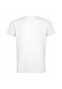 Hvid bomulds-t-shirt med klassisk rund hals og korte ærmer, har en ensfarvet ryg og glat tekstur. Ingen synlige design eller detaljer.