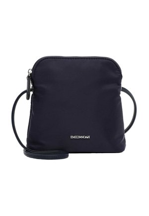 Kompakte Navy-Umhängetasche mit Reißverschluss und verstellbarem Riemen, vorne mit kleinem silbernem "EMILY & NOAH" Logo.