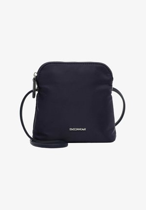 Kompakte Navy-Umhängetasche mit Reißverschluss und verstellbarem Riemen, vorne mit kleinem silbernem "EMILY & NOAH" Logo.