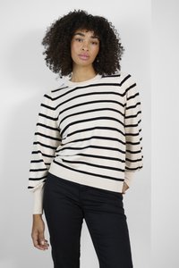 Maglione a righe in crema e nero, con scollo rotondo e vestibilità rilassata, arricchita da maniche a palloncino. Il materiale sembra morbido e leggero.