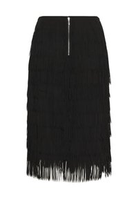 Czarna spódnica z frędzlami o prostym kroju, z zamkiem błyskawicznym z tyłu. Tekstura jest warstwowa z długimi, miękkimi frędzlami.