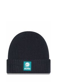 Dark navy knitted beanie with a ribbed fold-over cuff. Features a square logo patch in teal with a dolphin graphic and text “MIAMI DOLPHINS.”