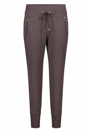 Brązowe spodnie zwężane z ściągaczem w talii i kieszeniami z zamkiem błyskawicznym z przodu, zaprojektowane na co dzień lub do aktywnego noszenia.