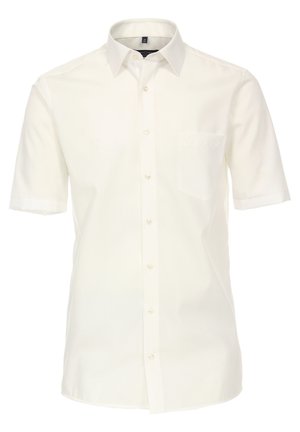 Short-sleeve white shirt made of smooth fabric with a pointed collar, button-down front, and a single chest pocket.
