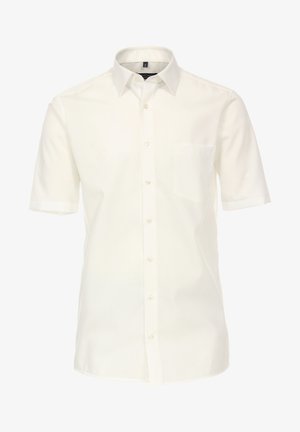 Short-sleeve white shirt made of smooth fabric with a pointed collar, button-down front, and a single chest pocket.