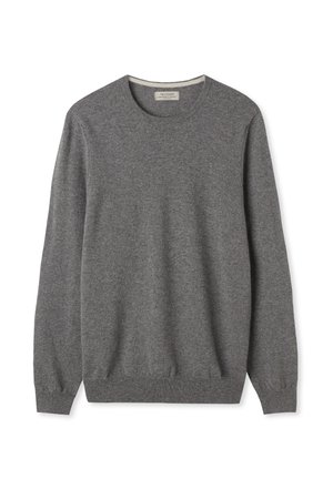 Grå crewneck sweater lavet af blødt strikket stof, med lange ærmer og ribbede manchetter og kant, med en diskret tekstur.