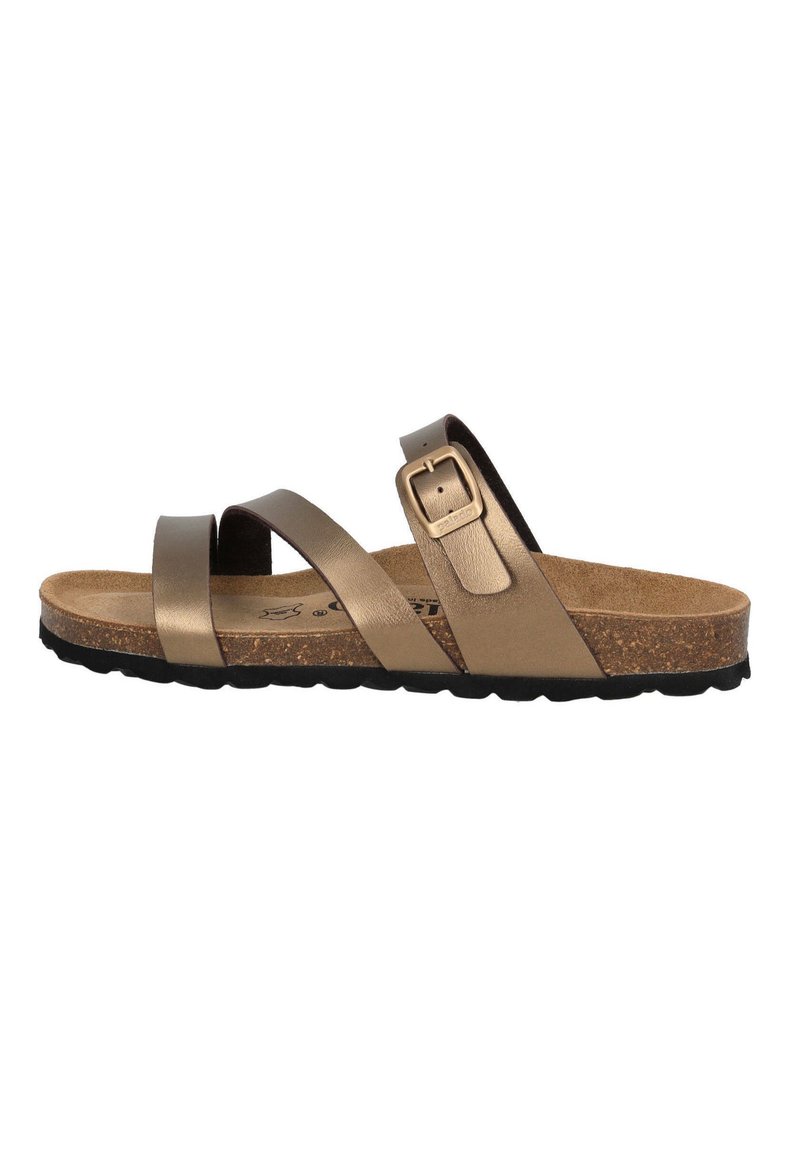 Sandal in bronzo con due fasce larghe e fibbia regolabile. Soletta in sughero e soletta in gomma nera testurizzata garantiscono grip.