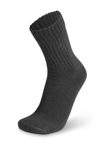 Dunkelgraue Socke mit geripptem Muster, knöchellangem Design, elastischer Bündchen am oberen Rand und nahtloser Spitze für Komfort.