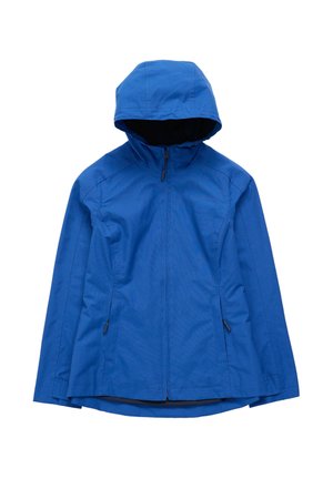 Modrá lehká bunda s kapucí, má přední zip, dvě boční kapsy a hladkou strukturu. Minimalistický design bez viditelných vzorů.