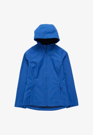 Blaues, leichtes Jacket mit Kapuze, ausgestattet mit einem Frontreißverschluss, zwei seitlichen Taschen und einer glatten Textur. Minimalistisches Design ohne sichtbare Muster.