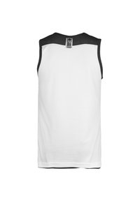 Débardeur de sport sans manches avec un corps blanc, un panneau en mesh noir sur les épaules et des finitions noires au niveau du cou et des emmanchures.