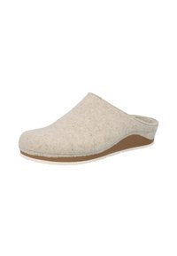 Filz-Schlupfschuhe, hellbeige Farbe, abgerundete Zehenpartie, strukturierte Oberseite, kontrastierende braune Sohle, leichtes Design, ohne sichtbare Beschläge.