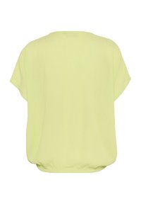 Top de manga corta y corte cuadrado en tejido amarillo claro. Presenta un escote redondo y un dobladillo fruncido, con un acabado liso y texturizado.