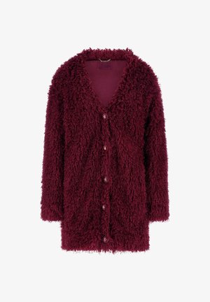 Bordeauxroter Cardigan aus strukturiertem, flauschigem Material. Verfügt über einen tiefen V-Ausschnitt, lange Ärmel und eine durchgehende Knopfleiste vorne.