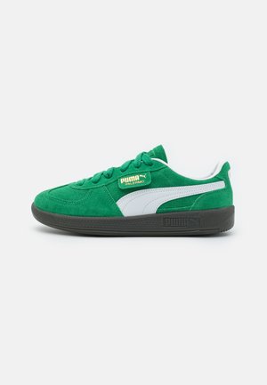 Sapatilha verde de camurça com detalhes brancos, sola preta de borracha plana e fecho com atacadores. Apresenta um logo dourado na lateral.