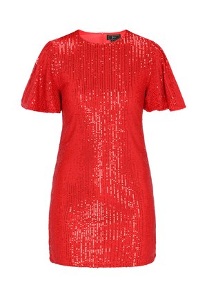 Czerwona mini sukienka z cekinami, z krótkimi rękawami w stylu falbany, okrągłym dekoltem oraz ukrytym zapięciem na plecach. Błyszcząca powierzchnia z pionowymi cekinami.