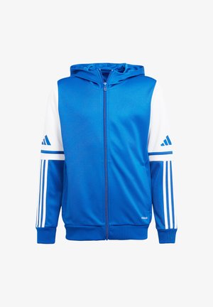 Felpa con cappuccio blu con zip, maniche bianche, strisce blu Adidas sulle maniche e loghi blu Adidas sulla parte superiore delle braccia.
